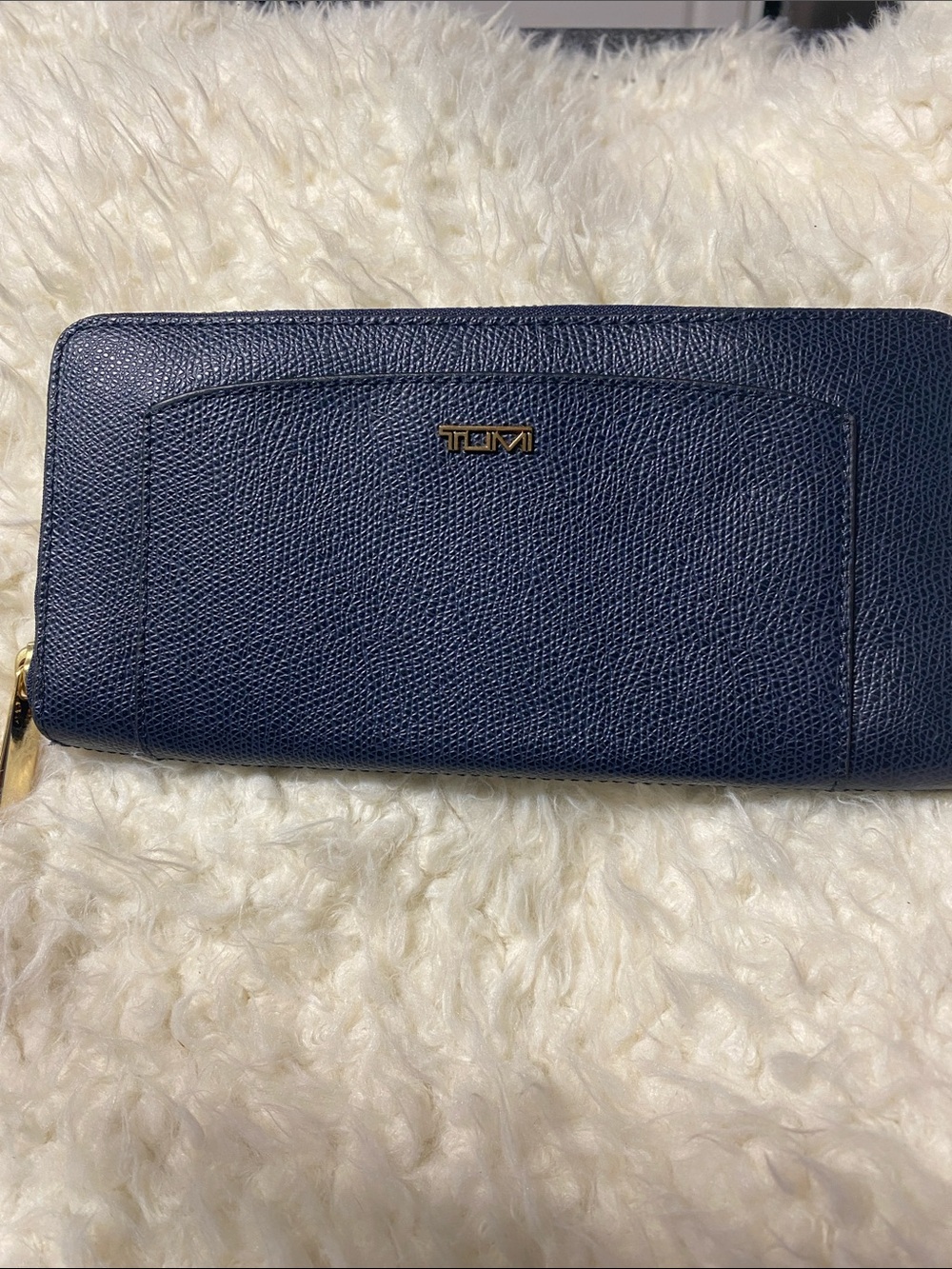 Tumi Navy Textured Zip-Around Leather Wallet with Gold Logo